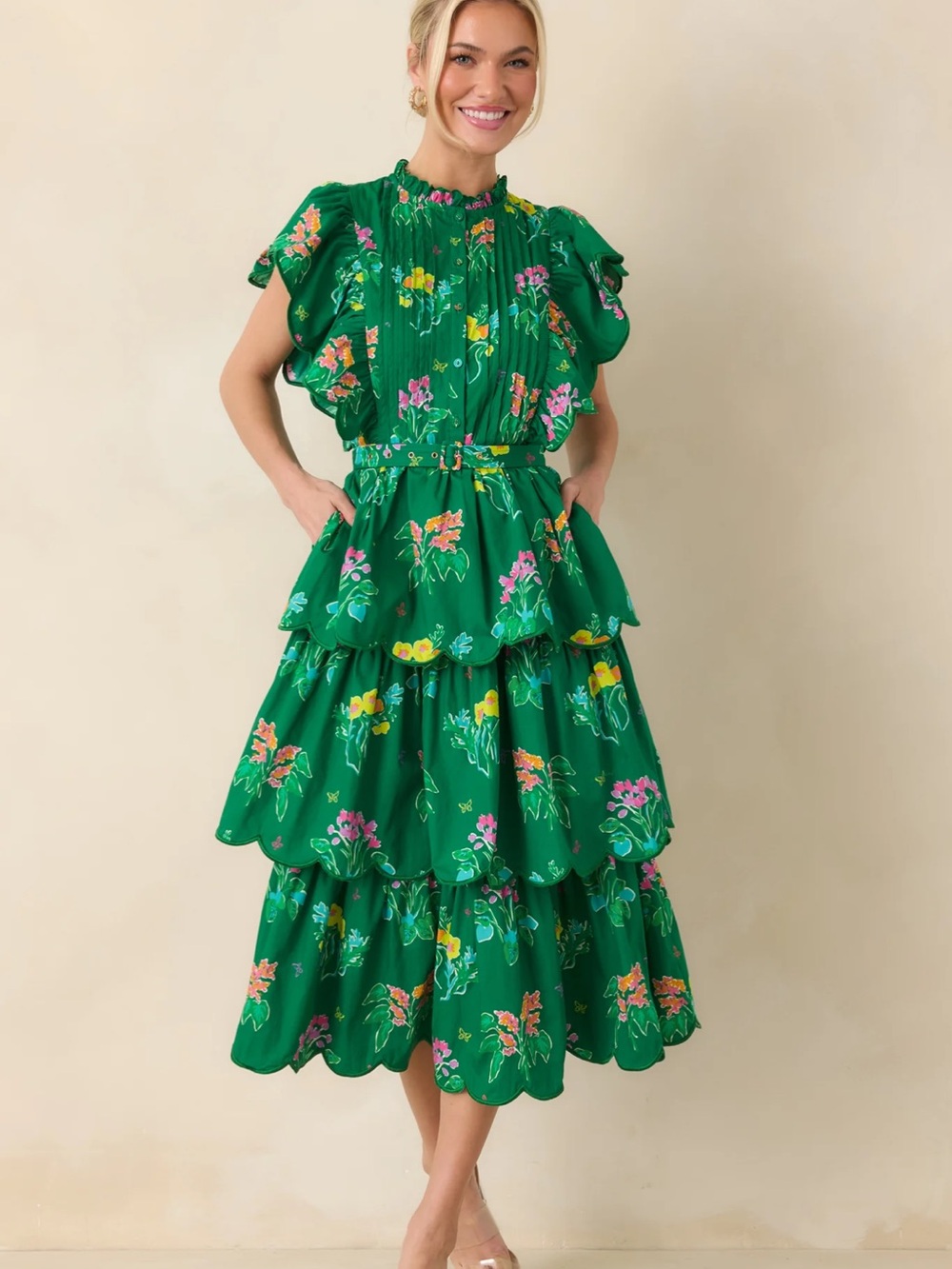 PROSPERINA MARIS GREEN MULTI FLORAL COTTON TIERED RUFFLE MIDI DRESS